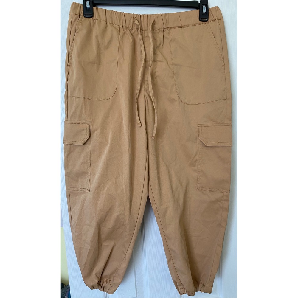 Just Be Womens Cargo Pants L Tan Khaki Jogger Elastic Waist Utility Streetwear